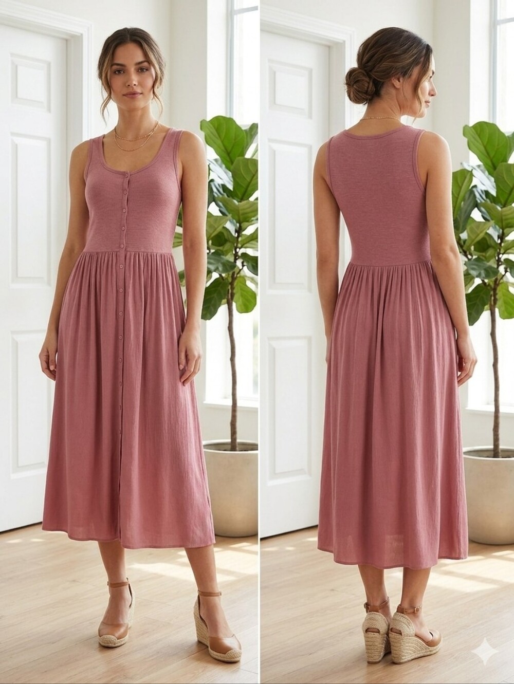 Frye Elegant Pink  Midi Dress Button‎ up Sleeveless Dress